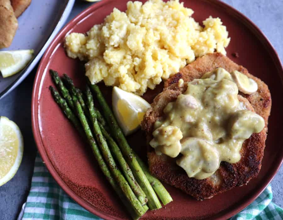 celery roots schnitzel with potatoes and asparagus